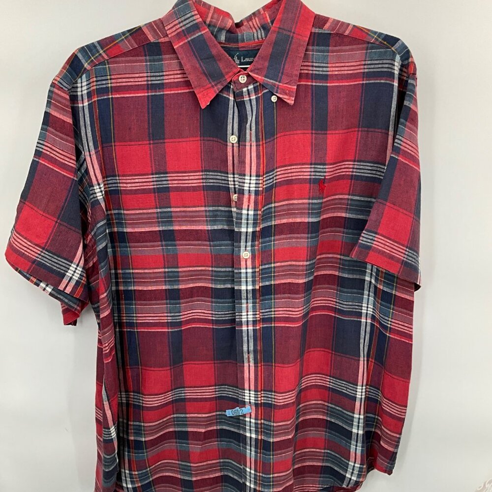 Ralph Lauren Men's XL Red & Navy‎ Plaid Short Sleeve 100% Linen SS Shirt